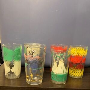 Set of 6 Colorful Glass Vintage Tumblers w/ Floral, Nautical, Pheasant designs